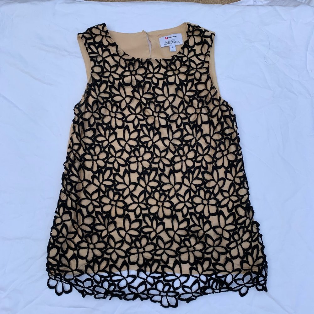 tan tank with overlay black crochet
